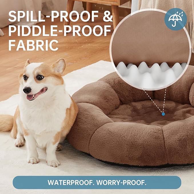 OhGeni 31 inches Calming Donut Orthopedic Dog & Cat Bed for Medium Pets, Warming Comfort Fluffy Short Pile Fur, Durable Waterproof Machine Washable Removable Cover, Cute Round Bed for Puppy, Brown