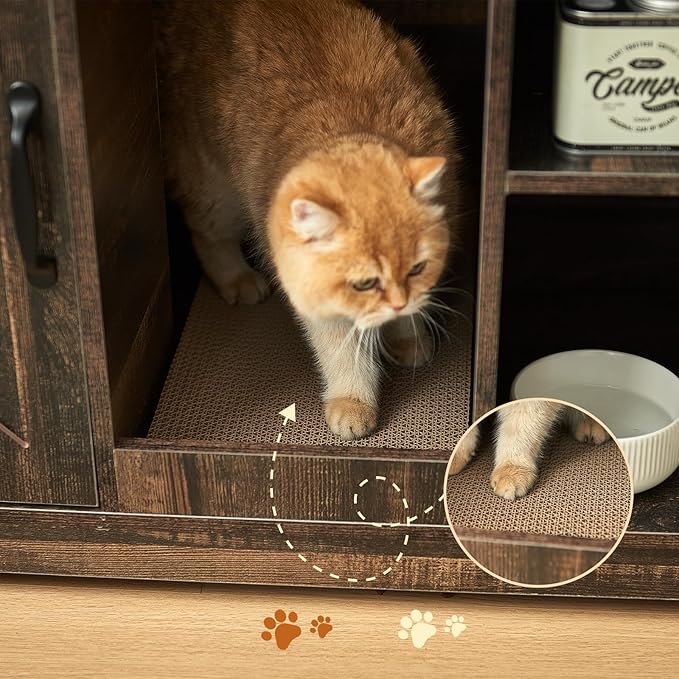 Litter Box Enclosure, Hidden Litter Box Furniture Cabinet with Storage, Cardboard and Sensor Light, Wood Indoor Cat House Washroom, Farmhouse Style, Rustic Brown