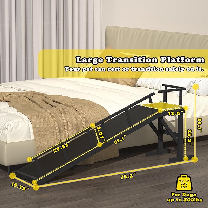 25" Height Dog Ramp for Bed, 73" Long Large Pet Ramp with Non-Slip Surface, Wooden Dog Ramp with Removable Rail & Rest Platform, Also as Dog Stairs for Small Senior Dogs with Glow Strips, Black