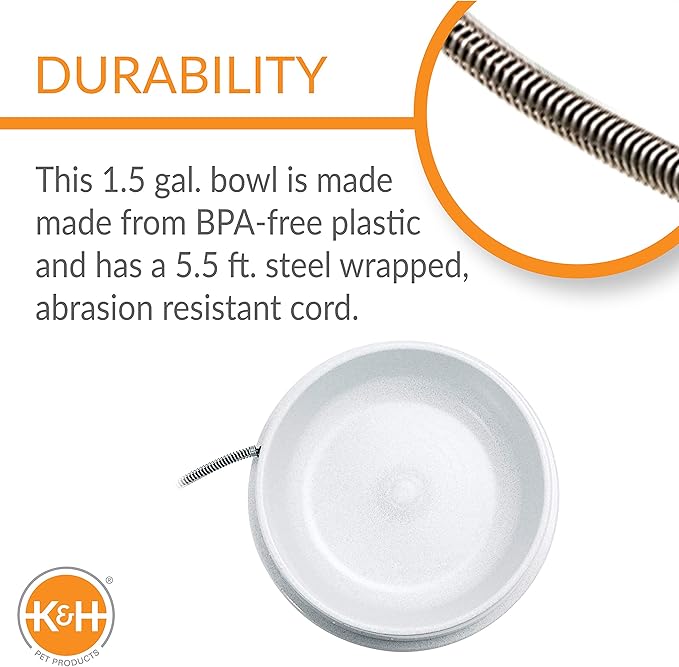 K&H Pet Products Thermal-Bowl Heated Water Bowl for Cats & Dogs Outside, Safety Listed Outdoor Heated Dog Dish for Pets, Automatic No Freeze, Anti Chew Cord - 1.5 Gallons Granite 25W