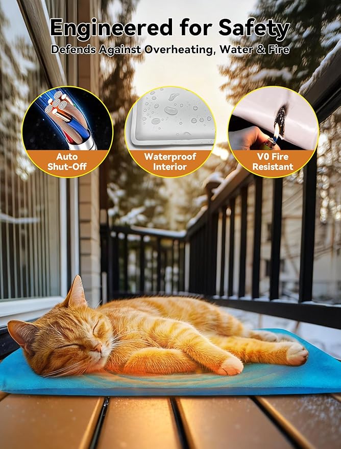 Outdoor Pet Heating Pad for Dog & Cat, Multi-Size Waterproof Heated Cat Dog Bed for Outside, Pet Heater Warmer Mat Blanket with Chew Resistant Cord for Senior Dog Cat House Whelping Box,Blue,16" x 28"