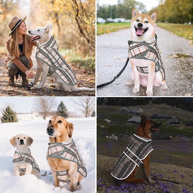 Dog Raincoats for Large Dogs Waterproof Hooded Rain Jacket with Reflective Strips Leash Hole & Poncho Adjustable Fit (Plaid,XL)