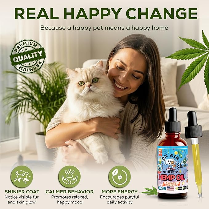 Hemp Oil for Cats - 2FL/60ML Assists Cats with Anxiety, Pain, Stress, Sleep, Arthritis, Seizure Relief - Supports Joint Health - Soothing Treats - Made in USA