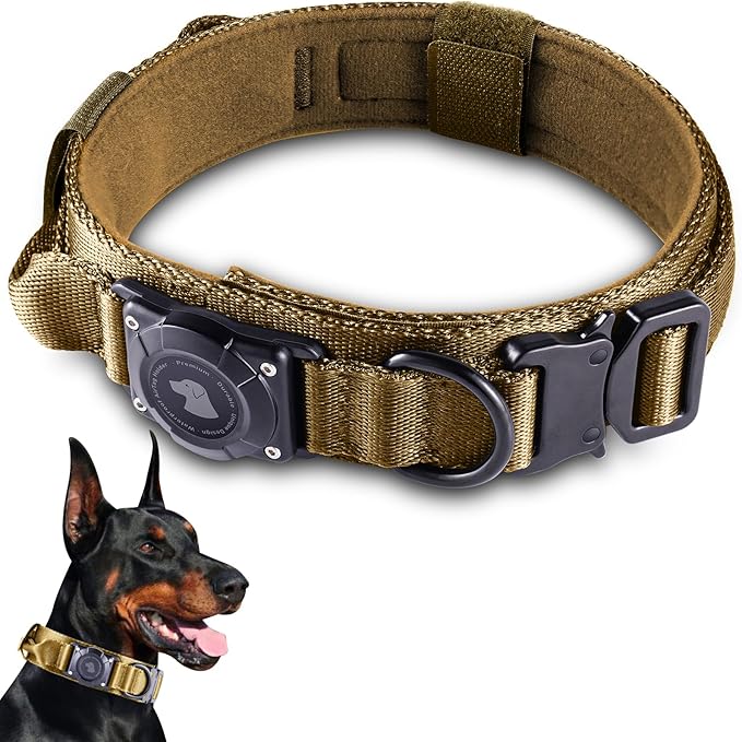 2025 Upgrade Waterproof AirTag Dog Collar, Military Tactical Dog Collar with AirTag Holder, Comfortable Control Handle and Metal Buckle, GPS Dog Collar Holder for Medium to Large Dogs (Khaki,X L)