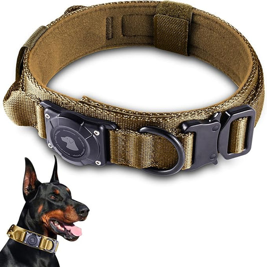 2025 Upgrade Waterproof AirTag Dog Collar, Military Tactical Dog Collar with AirTag Holder, Comfortable Control Handle and Metal Buckle, GPS Dog Collar Holder for Medium to Large Dogs (Khaki,X L)