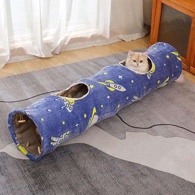 Glowing Astronaut Pattern Cat Tunnel - Collapsible with Plush Balls, Ideal for Indoor Cats, Rabbits, Kittens, Ferrets & Puppies (Blue)