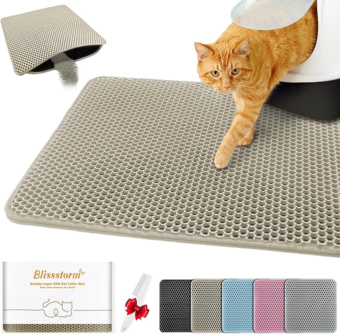 Waterproof Cat Litter Mat, Double Layer EVA, Odor-Free Large Grid, Urine Proof, Easy Cleanup (Khaki, 27 x 46)