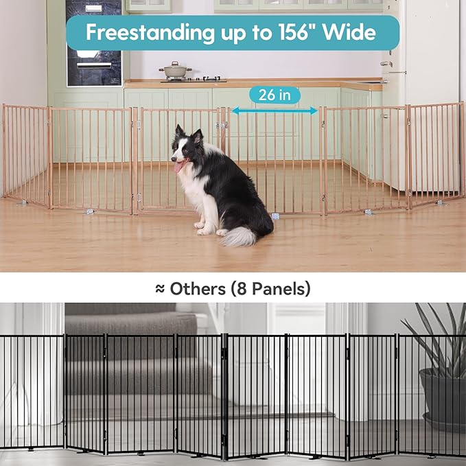 No Pawblems Free Standing Dog Gate with Door, 30'' Tall Foldable Dog Fence for Indoor & Outdoor, Up to 156" Extra Wide Puppy Gate for Stairs, Hallways, Doorways, Deck, Yard (Wood Pattern, 6 Panels)