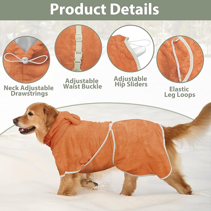 Dog Bathrobe Super Absorbent Towel Robe - Microfiber Bath Towels Fast Drying Coat for Dogs, Cute Dogs Clothes Adjustable Collar & Belly Strap Warm Keeping Hooded Dog Towel (Orange, X-Large)