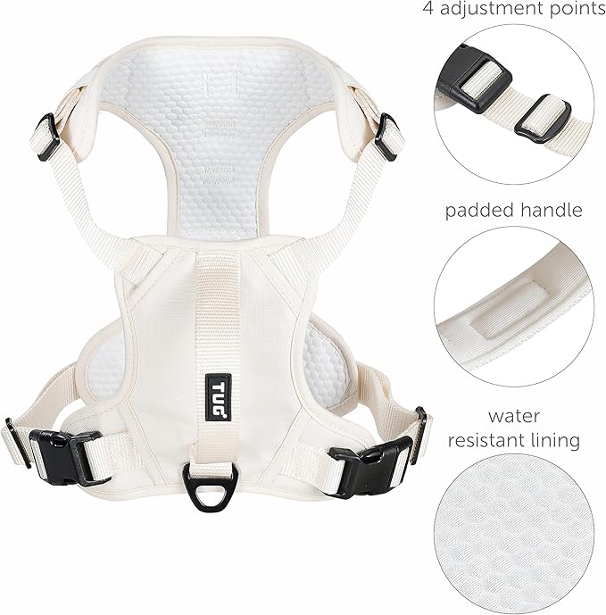 TUG Dog Harness with 2 Leash Connection Points | Adjustable, Padded, Lightweight | Handle on Back | No-Pull Front Clip (Small, Cream)
