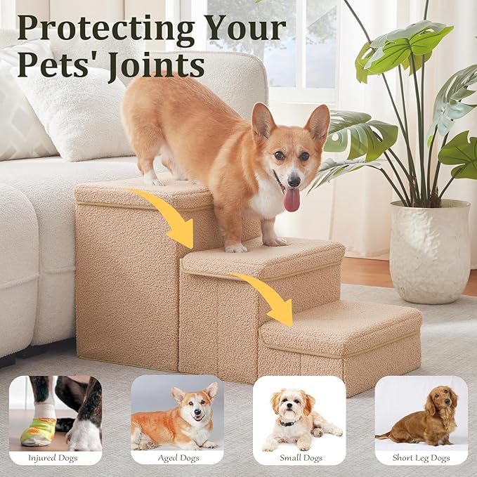 Dog Stairs with Storage, 3-Step Sturdy Dog Steps for Small Medium or Large Older Dogs Cats, Folding Pet Stairs Climbing Sofas, high beds, Windows and Cars (Beige, No Condo,16.7" H)