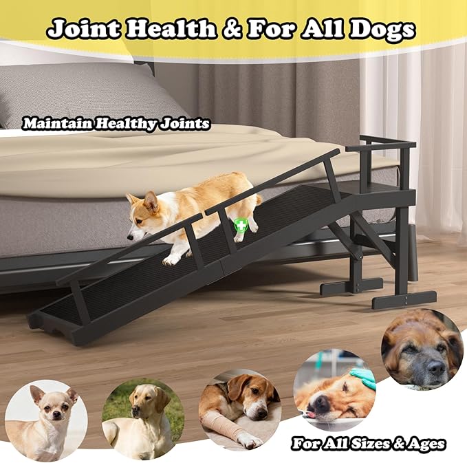 20" Height Dog Ramp for Bed, 61" Long Large Pet Ramp with Non-Slip Surface, Wooden Dog Ramp with Removable Rail & Rest Platform, Also as Dog Stairs for Small Senior Dogs with Glow Strips, Black