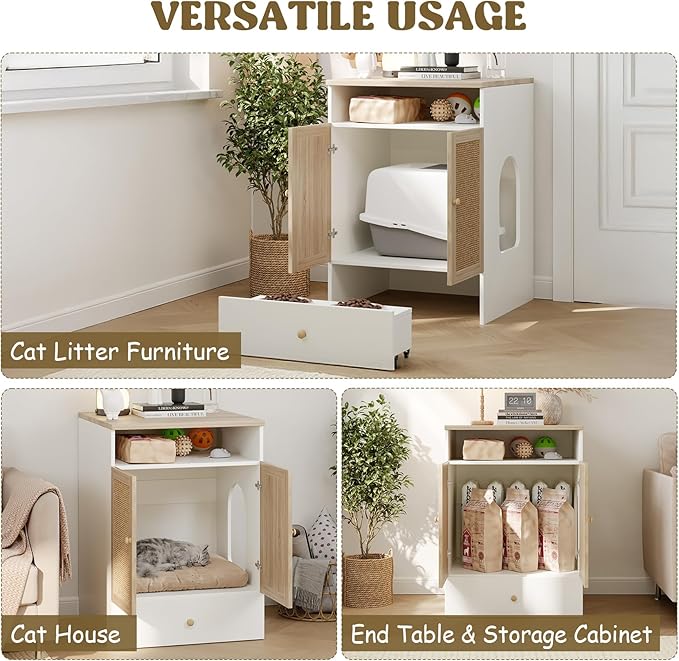 Cat Litter Box Enclosure Furniture Hidden - Indoor 3-in-1 Wooden Cat House & Washroom Cabinet with Scratching Board Doors, Shelf and Feeder Bowls, 23.6”x17.7”x32.7”H