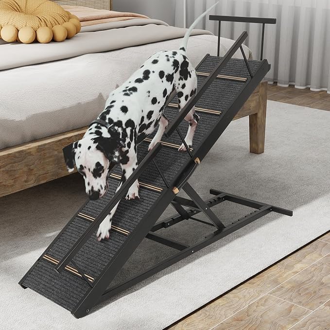 Pet Ramp Folding Portable Wooden Dog & Cat Ramps for Couch or Bed, Including Non Slip Mat & Safety Side Rails, 64.2 Inch Long and Height Adjustable from 13.4 Inch to 38 Inch Up to 110 Lbs