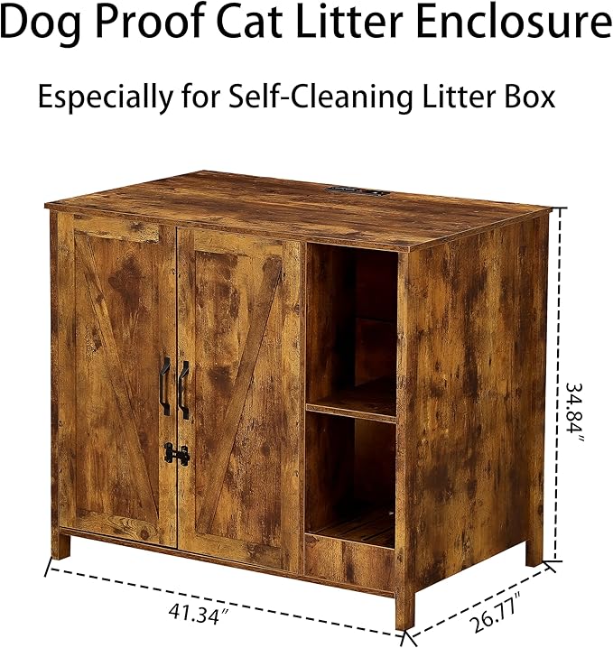 Large Cat Litter Box Enclosure with Litter Collector,Cat Litter Enclosure for Self-Cleaning Litter Boxes,Adjustable Shelf for Dog Proof,Power Outlet,Wooden Cat House,Brown Rustic