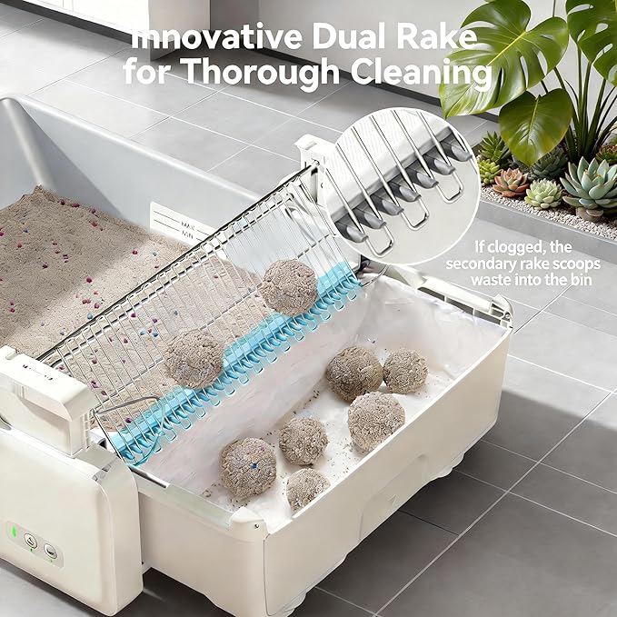 Meowant Self Cleaning Cat Litter Box, Open Top Automatic Litter Box for Multi Cats, Dual Rake, Works with Clumping Litter, Anti Pinch Safe Protection, Odor Control, Easy to Clean, White