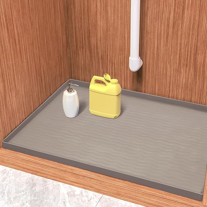 URMONA Waterproof Silicone Under Sink Mat 31'' x 22'' Shelf Liner for Kitchen and Bathroom, Cabinet and Counter Protector, Storage and Organizers, Litter Mat, Pet Cat Puppy Essentials(Beige)