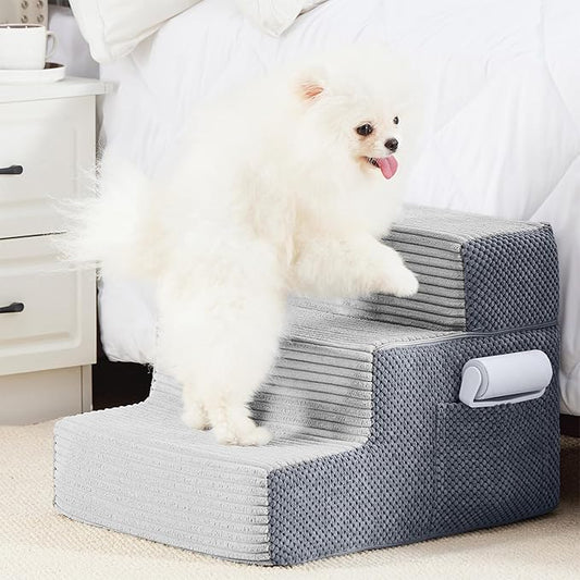 HYLEORY Dog Stairs for Bed 13.5''H, 3-Step Pet Stairs for Small Dogs Cats, Sturdy Pet Steps with Non-Slip Bottom, Functional Portable Dog Ramp for Couch/Chair/Sofa/Car, Storage Pocket, Light Grey-Grey