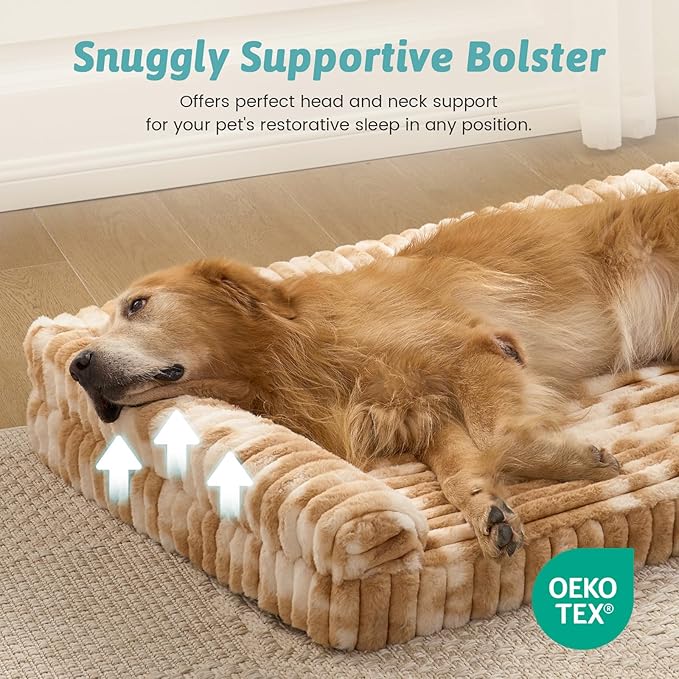 Cute Dog Bed, Faux Rabbit Fur Orthopedic Foam Dog Bed with Sides, Removable Washable Cover & Waterproof Lining, Comfortable Pet Couch for Large Dogs, Tie-Dye Brown (44" L x 32" W x 7" Th)