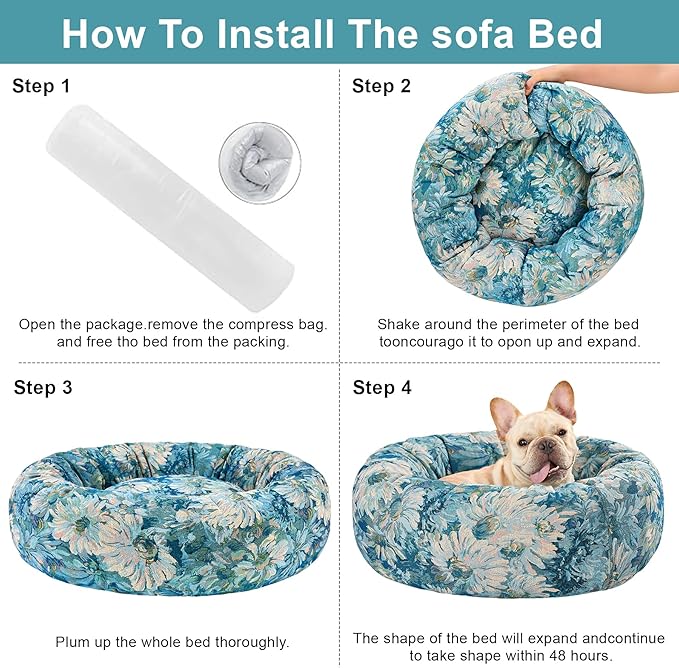 Dog Calming Beds for Small Medium Large Dogs - Round Donut Washable Puppy Dog Bed, Anti-Slip Faux Fur Fluffy Donut Cuddle Anxiety Cat Pet Bed (32" Flower)