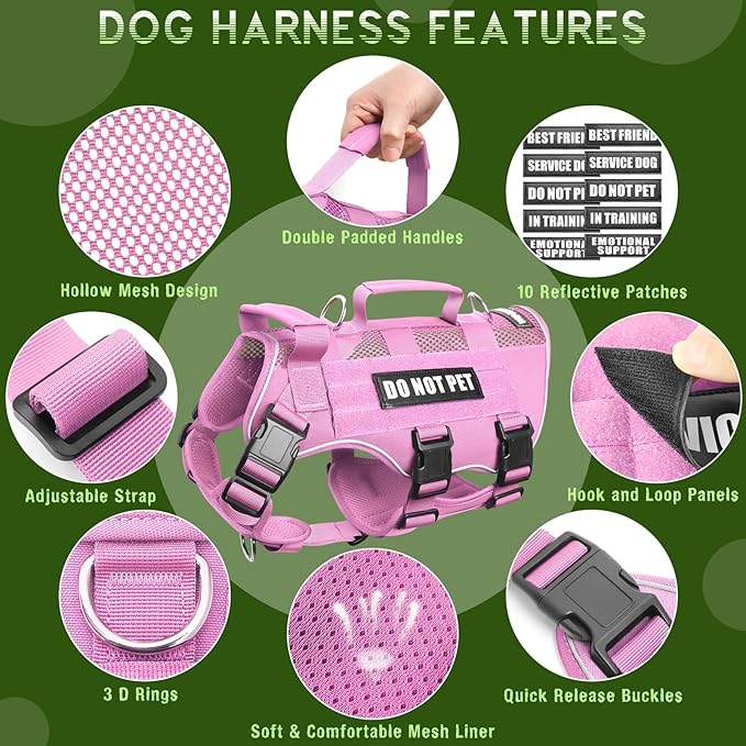 WINSEE Mesh Dog Harness with 10 Pet Patches for Large Service Dog in Training, Breathable Tactical Molle Vest with Double Handles, Reflective Military Pet Vest for Walking Hiking