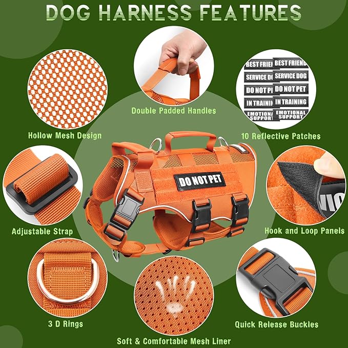 WINSEE Mesh Dog Harness with 10 Pet Patches for Medium Service Dog in Training, Breathable Tactical Molle Vest with Double Handle, Reflective Military Pet Vest for Walking Hiking