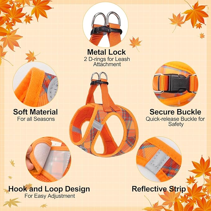 BEAUTYZOO Step in Dog Harness and Leash Set, Reflective Dog Harness No Pull No Choke Puppy Harness for Extra Small Dogs Cats, Soft Padded Mesh Vest Harnesses for Girl and Boy Pets, Orange Plaid S