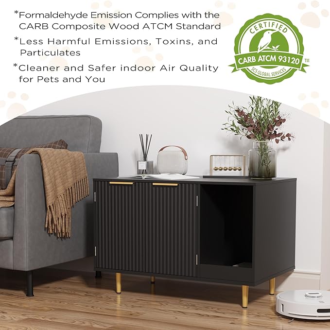 Litter Box Enclosure, Cat House Litter Box Furniture Hidden with Scratching Mat, Modern Cat Washroom Indoor, Side End Table, Storage Cabinet Bench for Living Room, Bedroom, Black