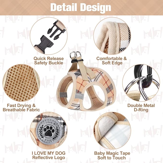 BEAUTYZOO Small Dog Harness and Leash Set,Step in No Choke No Pull Soft Mesh Dog Harnesses Reflective for Extra-Small/Small Medium Puppy Dogs and Cats, Plaid Dog Vest Harness for XS S Pets, Beige XXS