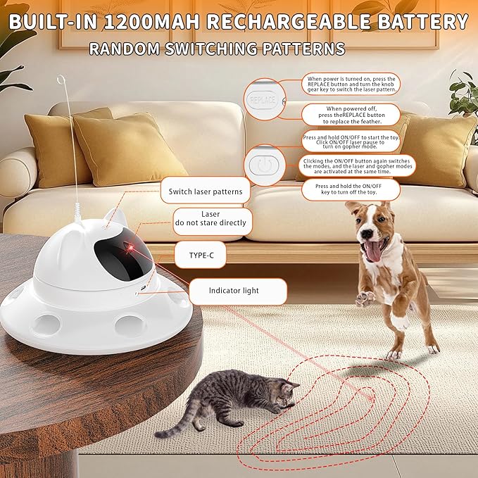 Cat Laser Toy,Automatic Laser cat Toy 3-in-1 Interactive Automatic Motion Activated Moving 6 Holes Whack A Mole Feather, USB Rechargeable Electronic Smart Sensor Kitten Toys for Indoor Exercise