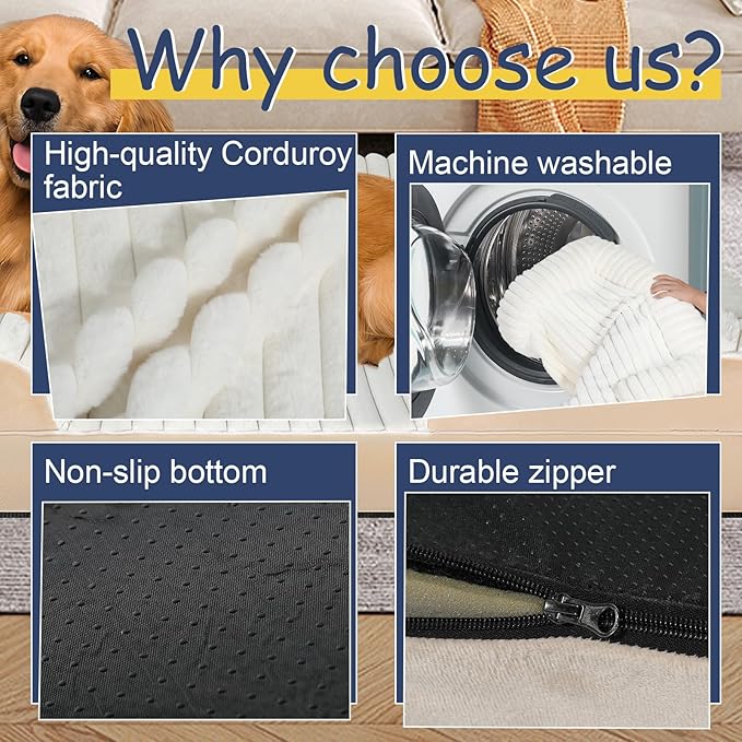 Orthopedic Dog Bed for Large Medium Sized, Washable Memory Foam Large Dog Bed Premium Soft Corduroy Fleece, Durable Medium Pet Sofa with Removable Cover, Washable Waterproof Pet Couch Beds(White,XL)