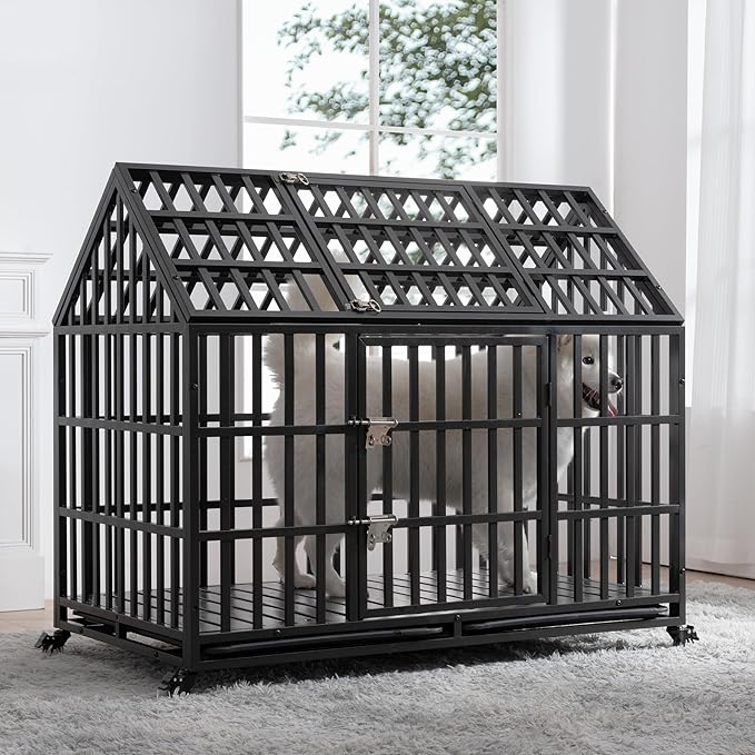 Heavy Duty Dog Crate, ACIDBOLT 52 Inch Indestructible Escape Proof XL Metal Dog Kennel Cage for Large Medium Small Dogs, Indoor High Anxiety Pet Crate with 2 Door, 4 Lockable Wheels and Removable Tray