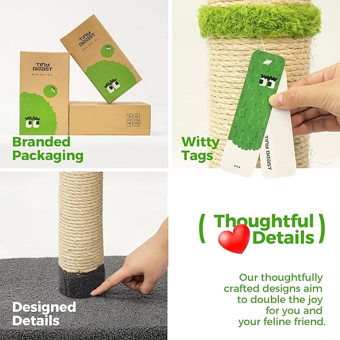 TINYBEAST 34" Tall Cat Scratching Post, Cat Scratcher Featuring Natural Sisal Rope, Cat Tree with Interactive Plush Toy Ball and Stable Base for Indoor Large Adult Cats & Kittens