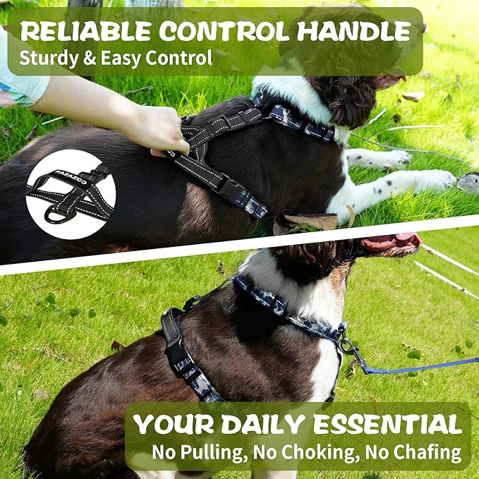 No-Pull Harness,Y-Shaped Design,Buckle-Neck Balance Harness with Reflective Stitching, Ideal for Dog Training and Night Walking, Padded Handle, Durable High-Tensile Nylon-Blue Camo-M