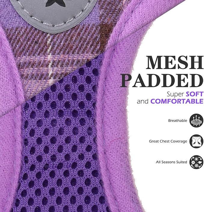 EXPAWLORER Classic Plaid Puppy Harness - Small Dog Harness and Leash Set - Dog Collar and Leash Set with AirTag Holder, Soft Padded Step in Dog Vest Harness No Pull Reflective for Outdoor, Purple M