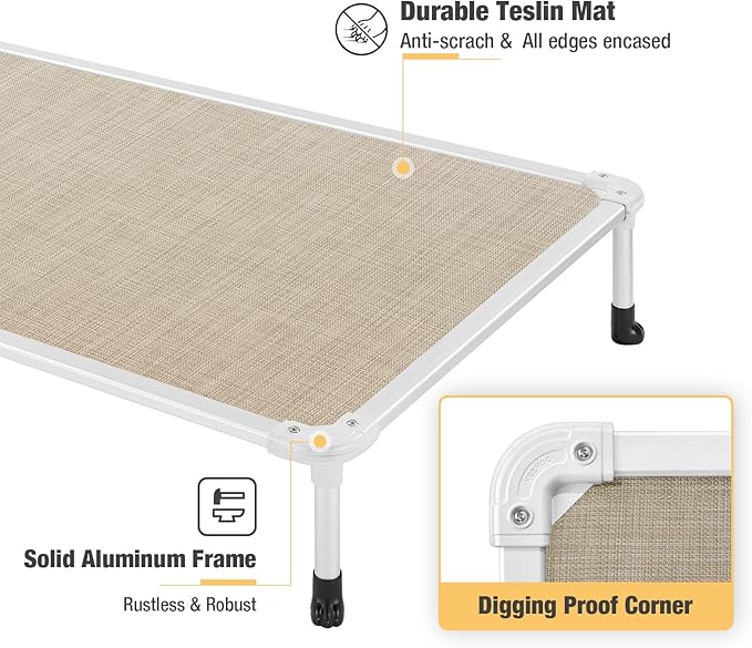 Veehoo Chew Proof Elevated Dog Bed - Cooling Raised Pet Cot - Silver Aluminum Frame and Durable Textilene Mesh Fabric, Unique Designed No-Slip Feet for Indoor or Outdoor Use, Beige Coffee, X Large