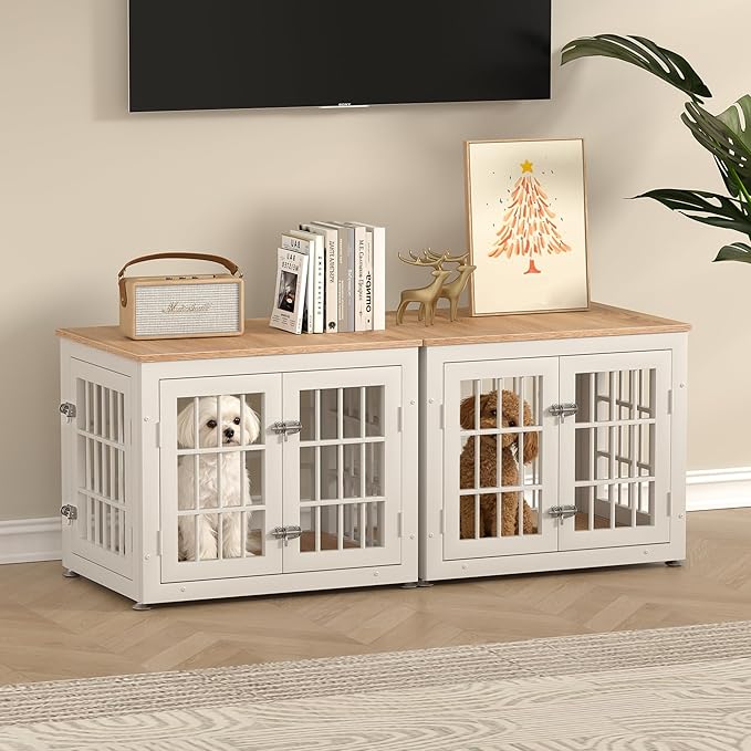 26 Inch Heavy Duty Dog Crate Furniture for Small Dogs, Decorative Pet House End Table, Wooden Cage Kennel Furniture Indoor, White and Natural