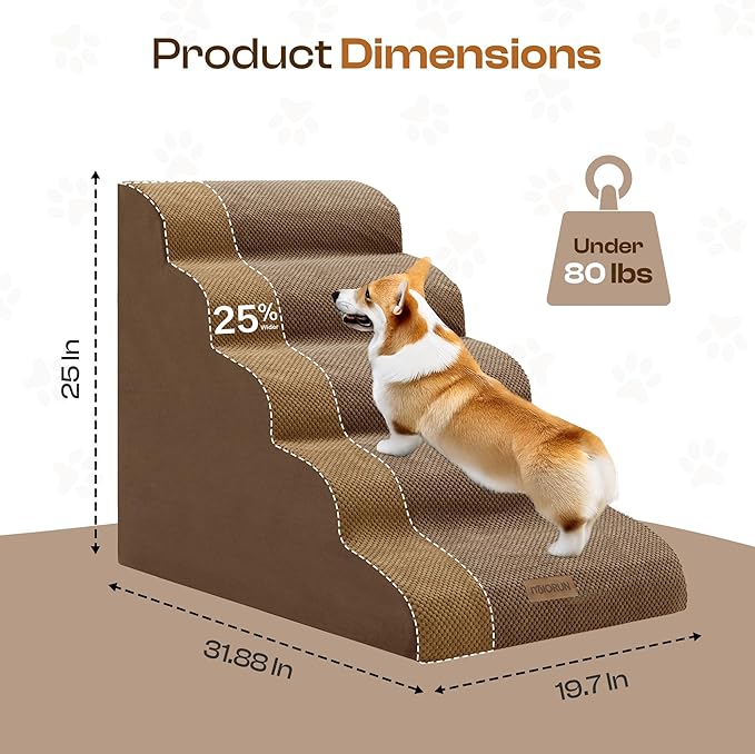 Extra Wide Dog Stairs for Large Dogs Up to 80lbs, 25" Pet Steps for High Bed with Washable Cover, 5-Step Foam Bed & Couch Ladder for Small Medium Dogs & Senior Cat, Coffee