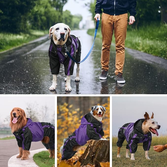 Dog Raincoat, Lightweight Rain Jacket, Adjustable 4-Legs Pet Poncho with Hood, Snow-Proof Dog Vest Rainwear, Rain Clothes Apparel with Leash Hole