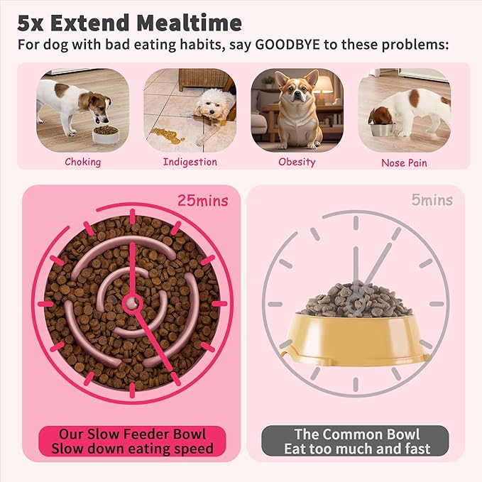 Elevated Slow Feeder Dog Bowl - Ceramic Maze Food Dish with Bamboo Stand - Raised Feeding Bowl for Fast Eaters - Ideal for Small and Medium Dogs - Pink - 6.7 inch