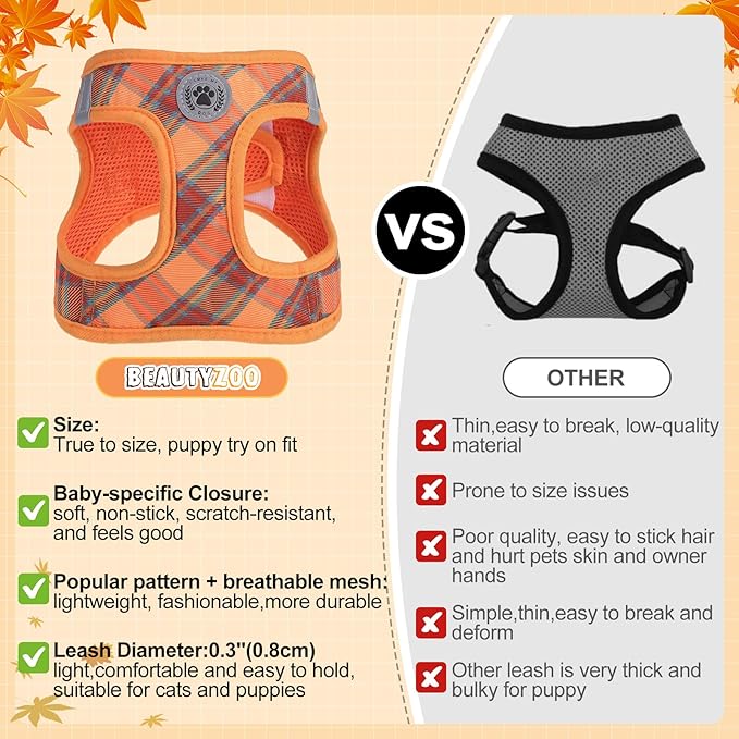 BEAUTYZOO Step in Dog Harness and Leash Set, Reflective Dog Harness No Pull No Choke Puppy Harness for Extra Small Dogs Cats, Soft Padded Mesh Vest Harnesses for Girl and Boy Pets, Orange Plaid M