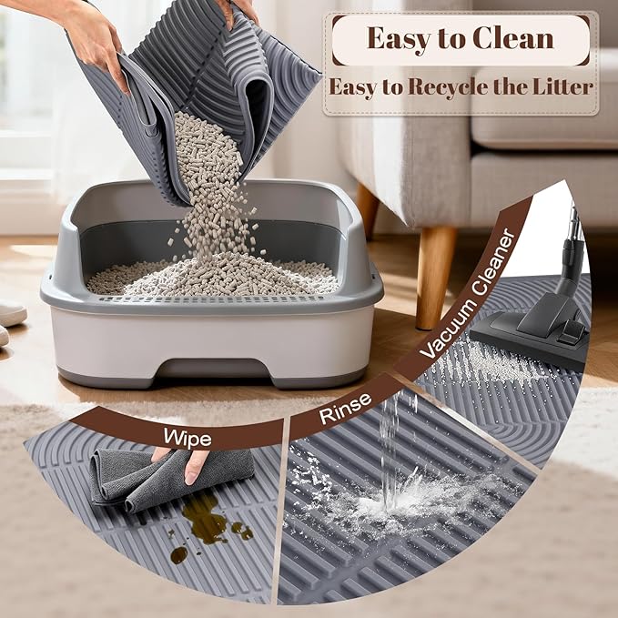 Rubber XXL Cat Litter Mat, 47" x 35" Waterproof Urine Proof Cat Litter Trapping Mat, Easy Clean Litter Box Mat and Anti-Slip Kitty Litter Catcher Mat, Grey
