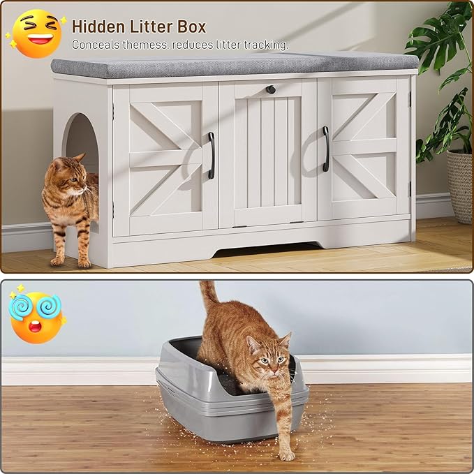 Vabches Flip Top Cat Litter Box Furniture with Storage, Cat Box Litter Enclosure with Cushion, Farmhouse Indoor Cat House with 3 Doors, Pet Washroom Hidden Litter Box, White