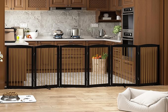 Freestanding Pet Gate for Dogs, Indoor Wooden Dog Gate for House, Extra Wide Foldable Dog Gate for Stair, Doorway, Hall, Support Feet Included, 120 Inch Wide, 6 Panels 32",Black&Gold