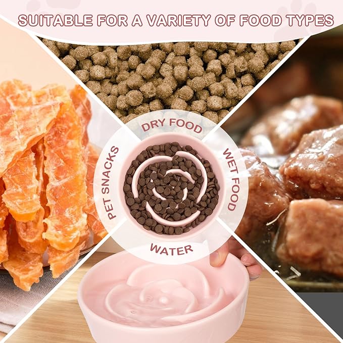 TRUVIC Ceramic Slow Feeder Dog Bowls Small Breed, 0.6 Cup Slow Feeder Cat Bowls for Fast Eaters, Ceramic Dog Food Dish no Black Chin, Puzzle Bowl for Small Dogs and Cats, Pink