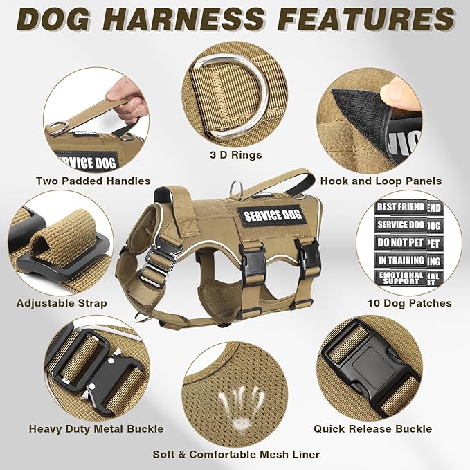 Tactical Service Dog Vest Harness and Leash Set,Heavy Duty Dog Harness with Metal Buckles for Large Dogs,Adjustable No Pull Pet Vest with 10 Patches,for Training Working Hiking,Brown XL