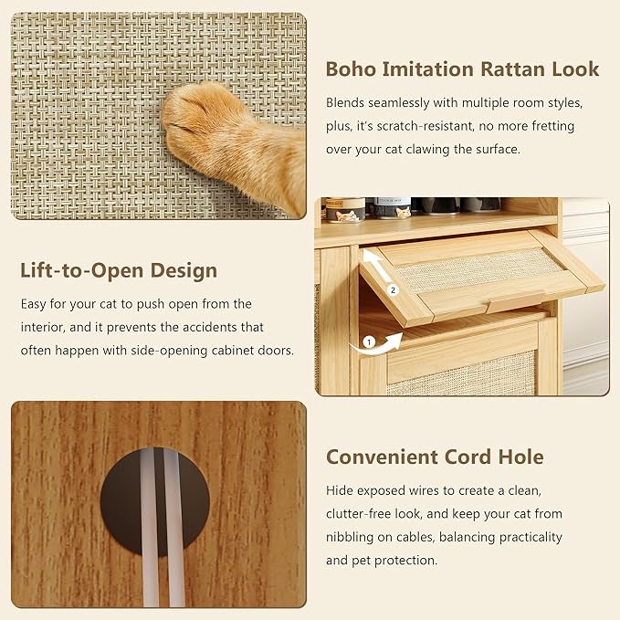 Cat Litter Box Enclosure Cabinet with Drawer, Hidden Litterbox Furniture with Storage, Boho Rattan Style Indoor Cat House Washroom, Fits Most of Litter Boxes