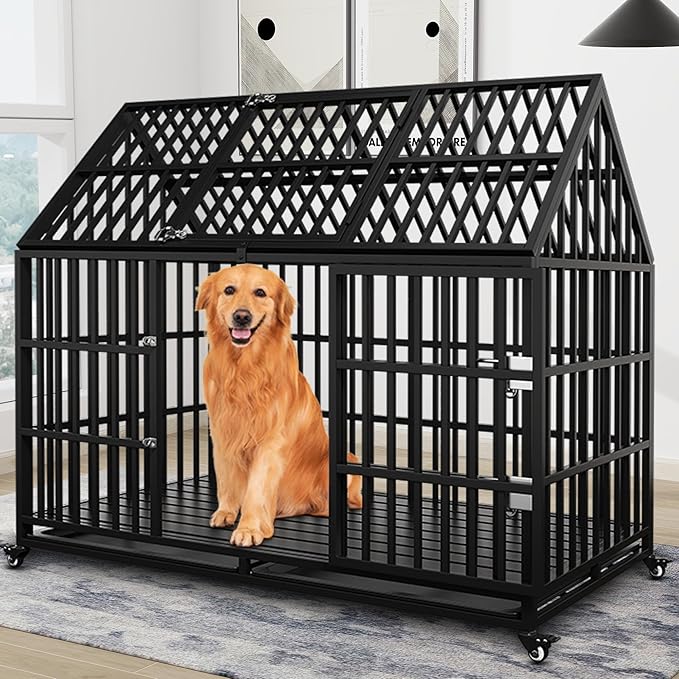 Heavy Duty Dog Crate 54 inch with Mat XL Large Pet Dog Cage Crate Kennel with Roof Top 2 Doors Removable Trays, Lockable Wheels Escape-Proof for High Anxiety Dogs (Black, 54 inch)