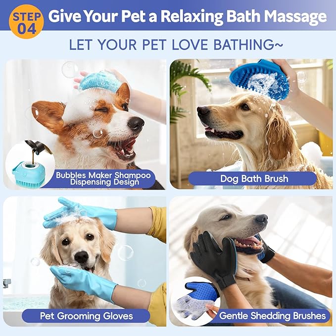 Dog Brush for Shedding 13pcs Bath Grooming Kit with Pet Nail Clipper and File - Dog Bath Brush Cat Grooming Supplies, Dematting Comb Bath Brush Shampoo Scrubber for Dogs and Cats