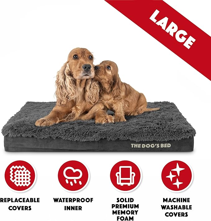 The Dog’s Bed Orthopedic Memory Foam Dog Bed, Large Grey Faux Fur, Pain Relief for Arthritis, Hip & Elbow Dysplasia, Post Surgery, Lameness, Supportive, Calming, Waterproof Cover, Veterinary Approved